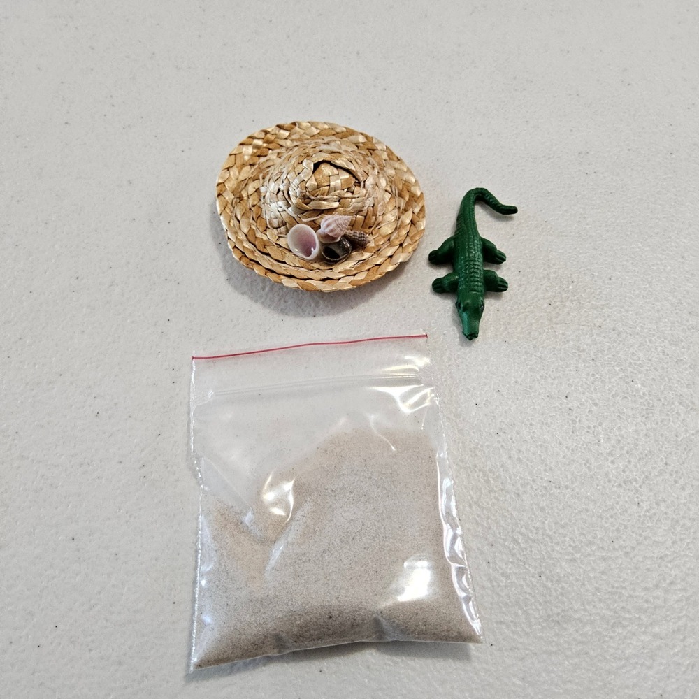 Miniature Beach Set Tan Green Tropical Diorama Accessories Straw Hat Sand Gator
